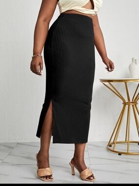 SHEIN Black Ribbed High-Waist Midi Skirt with Side Slit